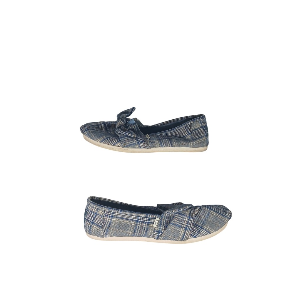 TOMS Alpargata Bow Slip On Flats 8.5 Blue Plaid Tartan Preppy Casual X330